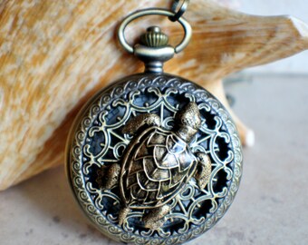 Sea Turtle Mechanical Pocket Watch: Bronze Finish, Tiger Eye Chain