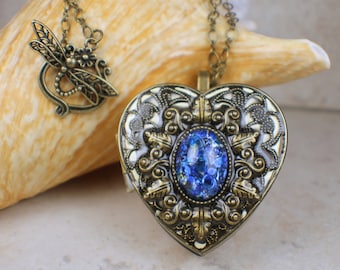Sapphire Blue Opal Music Box Locket, Heart  Music Box Pendant, Music Box Jewelry, Musical Photo Locket, Music Box Necklace