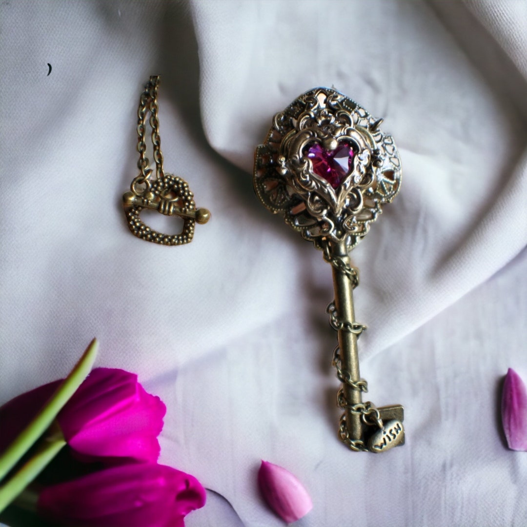 Victorian Bronze Skeleton Key Pendant: Crystal Heart Goth Necklace