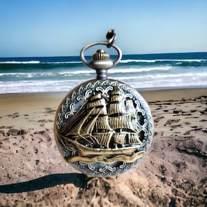 Nautical pocket watch, men&#39;s mechanical  pocket watch, nautical theme,  front case is mounted with sailing ship