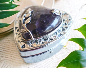 Amethyst Quartz music box locket, Music box locket, Music box pendant, Silver locket, Heart shaped locket, Music Box necklace, Photo locket