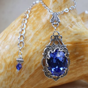 Gothic Crystal Blue Necklace,  Crystal Filigree Necklace, Wedding Pendant, Blue Crystal Necklace, Goth Wedding Jewelry, Blue Crystal Pendant