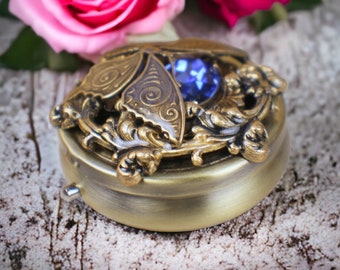 Blue Crystal Butterfly Music Box Locket, Round Music Box Pendant, Music Box Jewelry, Musical Photo Locket, Music Box Necklace