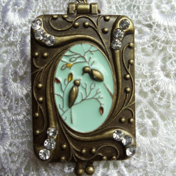 Love bird locket on antique bronze chain with Swarvorksi crystal, Austrian crystal beads and cute brass birds  on chain.