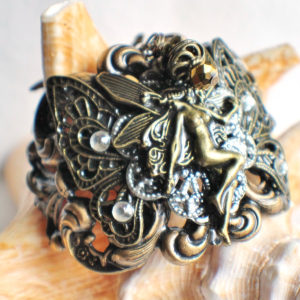 Fairy Cuff Bracelet, Victorian Cuff Bracelet in Bronze with Fairy and Butterfly