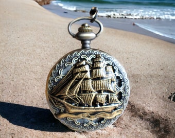 Nautical pocket watch, men's pocket watch, nautical theme,  Ship pocket watch, Pirate ship