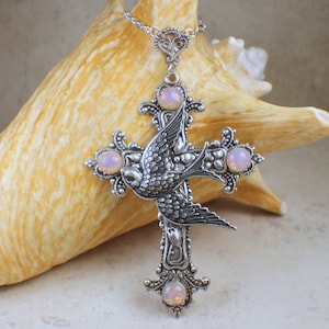 Silver Cross, Dove Cross, Victorian Cross, Faith Jewelry, Large Cross Necklace, Ornate Cross, Victorian Renaissance Cross