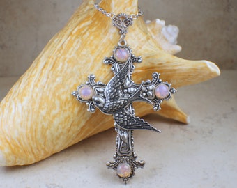 Silver Cross, Dove Cross, Victorian Cross, Faith Jewelry, Large Cross Necklace, Ornate Cross, Victorian Renaissance Cross