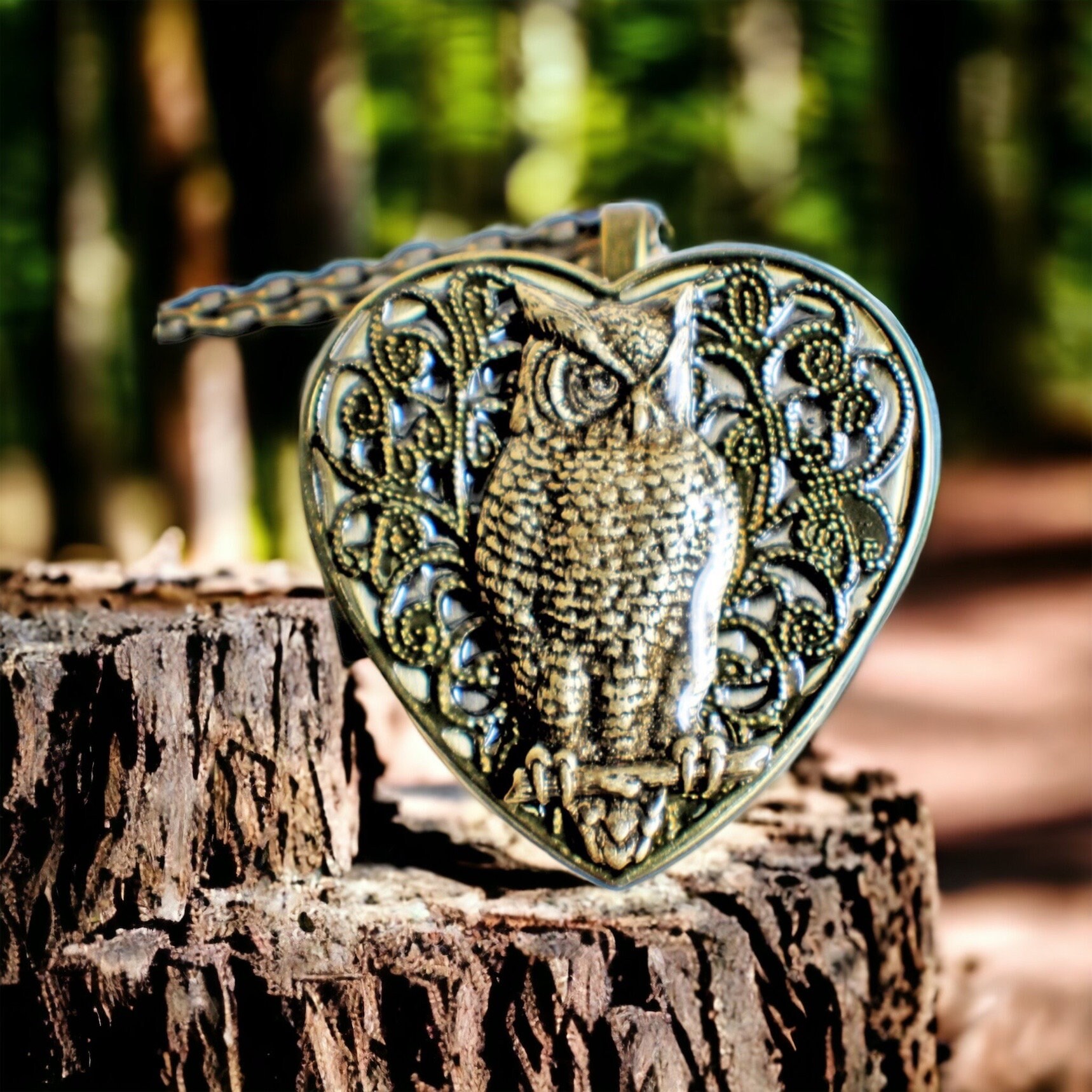 Heart Music Box Locket: Bronze Owl Pendant, 30" Chain