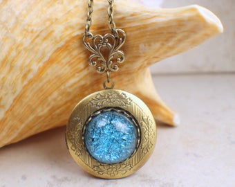 Aqua Blue Glass Fire Opal Locket, Small Photo Locket, Photo Locket Necklace, Picture Locket, Keepsake Photo Locket, Wedding Photo Locket