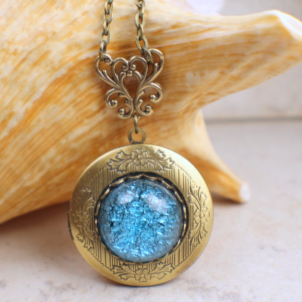 Aqua Blue Glass Fire Opal Locket, Small Photo Locket, Photo Locket Necklace, Picture Locket, Keepsake Photo Locket, Wedding Photo Locket