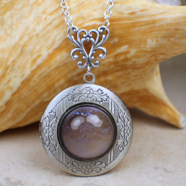 Blue Dragons Breath Opal Locket, Small Photo Locket, Photo Locket Necklace, Picture Locket, Keepsake Photo Locket, Wedding Photo Locket