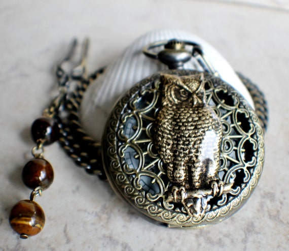 Orologio da tasca gufo: orologio meccanico in bronzo con catena in