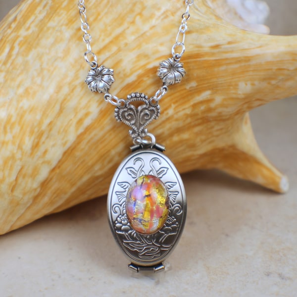 Monet Red Sunset Glass Opal, Silver Photo Locket, Folding Photo Locket Necklace, Multi Picture Locket, Photo Locket, Multi Frame Locket