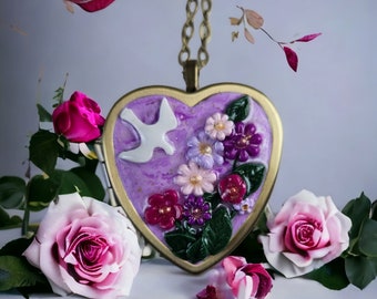 Heart Music Box, Flower Locket, Polymer Clay Locket, Musical Locket, Photo Locket, Dove Locket, Gift for Her, Gift For Mom, Birthday Gift