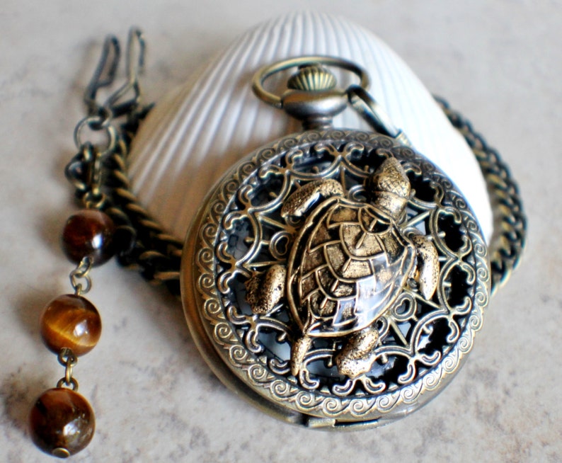 Sea turtle men's pocket watch, front case is mounted with bronze sea turtle image 3