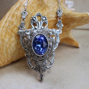 Sapphire Pendant, Gothic Crystal Necklace, Baroque Style Necklace, Wedding Pendant, Victorian Wedding Necklace, Renaissance Pendant