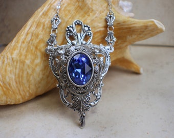 Sapphire Pendant, Gothic Crystal Necklace, Baroque Style Necklace, Wedding Pendant, Victorian Wedding Necklace, Renaissance Pendant