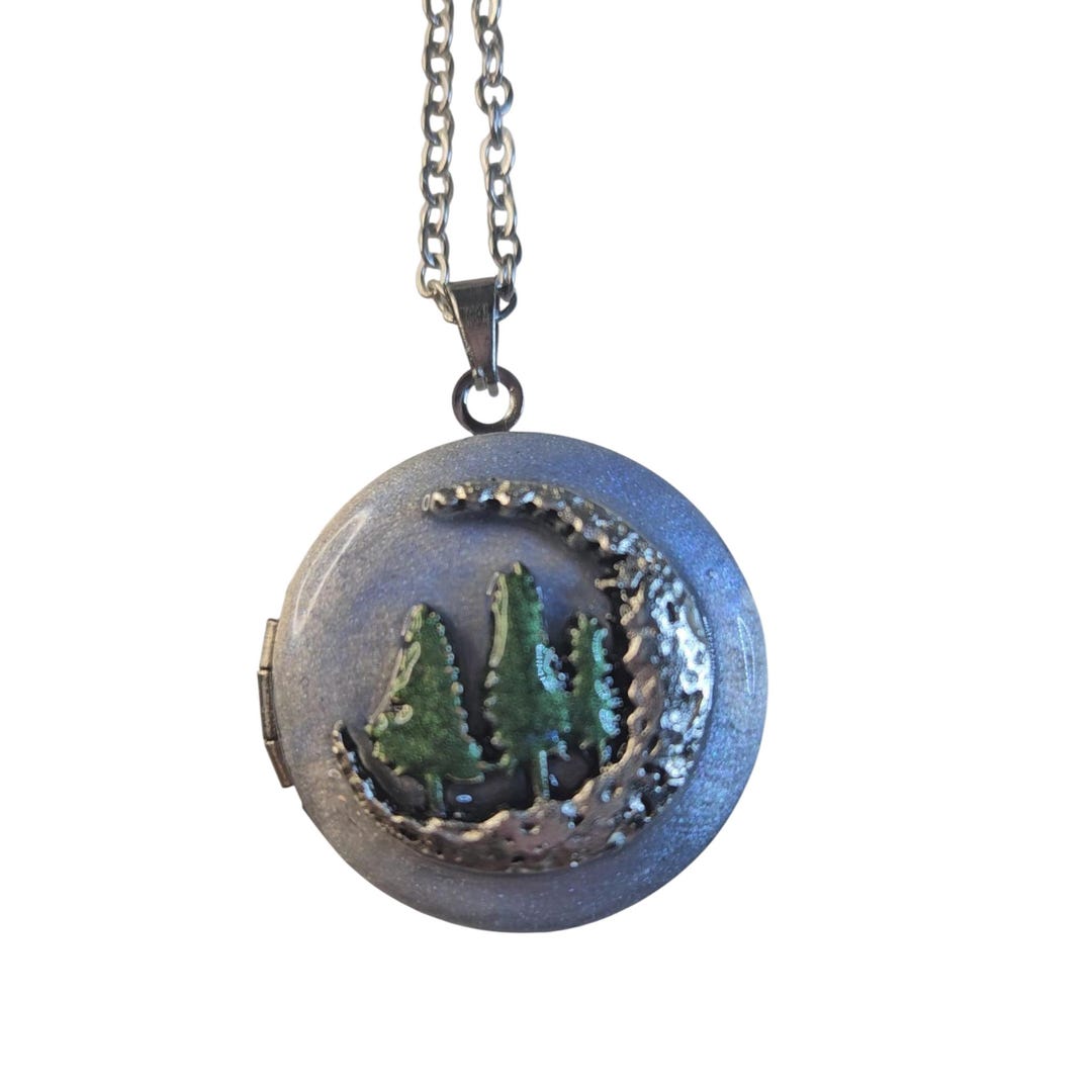 Photo Locket Moon & Tree : Blue Enamel Stainless Steel Locket - Etsy