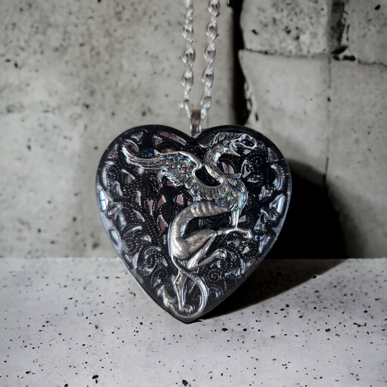 Griffin music box locket, Heart music box pendant, Music box jewelry, Musical Photo locket, Music box necklace, Mythical Griffin. image 3