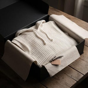 May include: A cream-colored ribbed knit hooded sweater with a drawstring hood, neatly folded inside a black gift box lined with light-colored tissue paper, accompanied by a small sprig of dried lavender and a blank rectangular paper tag.