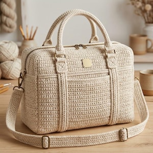 May include: A cream-colored crocheted handbag featuring a rectangular silhouette, two top handles, and a detachable shoulder strap. The bag includes a top zipper closure with metallic hardware, a small square metal plaque on the front, and a slip pocket.