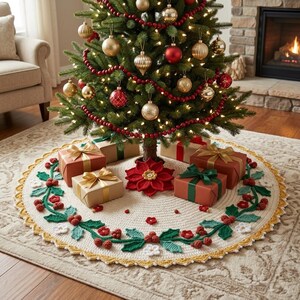 Può includere: Una base per albero di Natale rotonda lavorata all'uncinetto color crema, con un bordo decorativo di foglie di agrifoglio verdi, bacche rosse e piccoli fiori bianchi. Una grande stella di Natale rossa all'uncinetto è al centro, tra i regali.