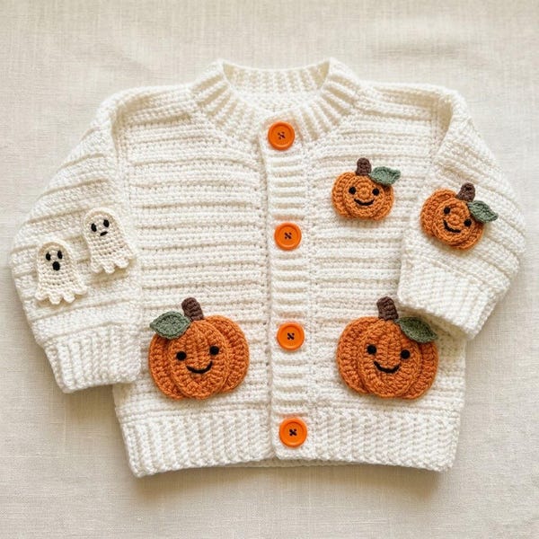 Halloween Crochet Baby Cardigan PDF, Pumpkin & Ghost Sweater Pattern, 6 12 Months Baby Crochet Clothing, Fall Baby Outfit Pattern