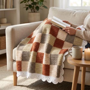 May include: A crochet blanket featuring a checkered pattern in shades of rust, beige, and brown. The blanket has a white scalloped border and is draped over a sofa. The design consists of alternating square blocks in a textured yarn construction.