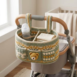 Op de afbeelding: Een saliegroene en mosterdgele gehaakte kinderwagen-organizer met een tussenschot, drie buitenzakken en een klein gehaakt berengezicht op de middelste zak. De organizer hangt aan de duwstang van de kinderwagen en bevat een babyflesje.