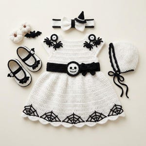 May include: A white crochet dress featuring a black waistband with a skull emblem, spider motifs on the shoulders, and a spiderweb pattern at the hem. The set includes a matching bonnet, headband with a bow and hat, and two Mary Jane shoes.