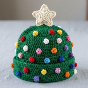 May include: A dark green crochet beanie featuring a folded brim and a cream-colored star topper. The hat is decorated with numerous small, multi-colored pom-poms in shades of red, yellow, blue, orange, pink, purple, and white.