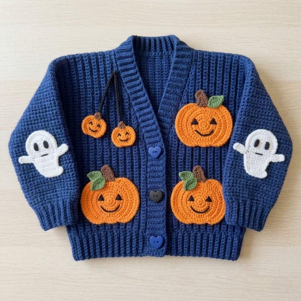 Halloween Crochet Cardigan Pattern, Baby Pumpkin Ghost Sweater PDF, 12–18 Months, Ribbed Crochet Baby Jacket, Digital Download