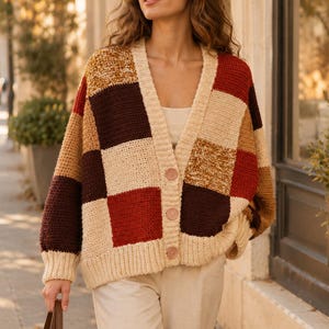 Haakpatroon voor een vest (maten XS-3XL), patchwork trui met kleurblokken (PDF), handleiding voor het haken van een vest in oversized stijl