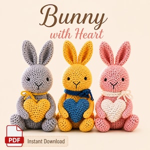 Patrón de amigurumi de conejito a crochet en PDF, muñeco de conejo sosteniendo un corazón, peluche de Pascua, descarga digital.