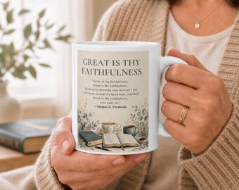 Great Is Thy Faithfulness Ceramic Mug for Her, Lamentations 3:23 KJV Coffee Cup, Christian Gift for Friend Needing Comfort in Hard Times