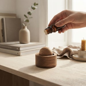 Könnte beinhalten: Eine kleine, runde Holzkugel, die in einem passenden zylindrischen Holzsockel ruht. Eine dunkelbernsteinfarbene Glastropfflasche befindet sich über der Kugel, wobei ein einzelner klarer Flüssigkeitstropfen aus der Öffnung auf die Holzoberfläche fällt.