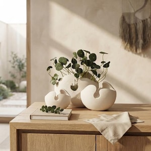 Peut inclure: Trois récipients en céramique blanc cassé aux bords organiques, irréguliers et incurvés. Le plus grand récipient central contient une plante verte aux feuilles rondes. Un livre fermé et une serviette en tissu beige pliée sont posés près des contenants.