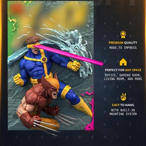 Peut inclure: Une affiche murale présentant un relief sculpté de Cyclope et Wolverine des X-Men. Cyclope porte un costume bleu et jaune avec une visière émettant un rayon rose. Wolverine est en costume marron et jaune avec des griffes étendues. Le texte inclut WALL POSTERS, PREMIUM QUALITY, MADE TO IMPRESS, PERFECT FOR ANY SPACE et EASY TO HANG.