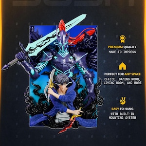 May include: A wall poster featuring a dark armored knight with a glowing light blue sword and a red ponytail, positioned behind a character in a blue hooded jacket holding two daggers. The text reads WALL POSTERS, PREMIUM QUALITY MADE TO IMPRESS, PERFECT FOR ANY SPACE, and EASY TO HANG WITH BUILT-IN MOUNTING SYSTEM.