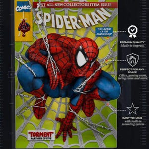 Può includere: Un poster 3D raffigurante Spider-Man in un costume rosso e blu accovacciato su una ragnatela bianca su sfondo verde lime. Il testo recita Marvel Comics, 1st All-New Collectors Item Issue, Spider-Man, The Legend of the Arachknight e Torment Part One of Five.