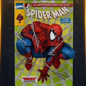 May include: A rectangular wall poster featuring a comic book cover of Spider-Man in a red and blue suit crouching against a white web background. The text reads Marvel Comics, 1st All-New Collectors Item Issue, Spider-Man, The Legend of the Arachknight, and Torment Part One of Five.