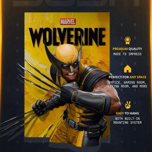 May include: A Marvel Wolverine wall poster featuring the character in a yellow and black suit with extended metal claws. The background is a textured yellow with the text WOLVERINE at the top. The poster includes icons and text about quality.
