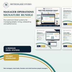 May include: A digital product bundle titled Manager Operations Signature Bundle by Methodlane Studio. It includes four Excel systems for managing people, hiring, onboarding, and performance, displayed on computer screens with text and charts.