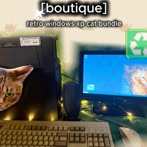May include: A black computer tower featuring a cat face graphic, a beige keyboard, a black speaker, and a monitor displaying a blue Windows XP-style desktop with a cat image. Text reads [boutique] and retro windows xp cat bundle.