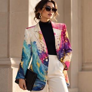 May include: A blazer featuring a vibrant watercolor-inspired print in shades of blue, pink, purple, and gold, with a single white button closure, notched lapels, and long sleeves, worn over a black turtleneck and white trousers.