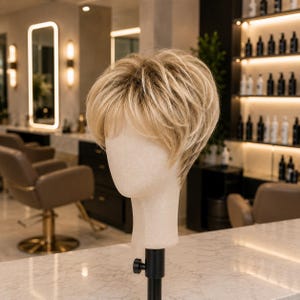 May include: A short, layered blonde wig with highlights and a side-swept fringe, displayed on a beige mannequin head. The hair features a textured, voluminous cut with lighter blonde and darker golden tones throughout the layered strands.