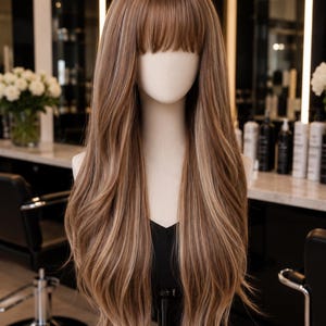 May include: A long, layered wig featuring a blend of light brown and blonde highlights with straight-cut bangs. The hair is styled with soft waves at the ends and is displayed on a neutral-toned mannequin head, showcasing a multi-tonal color palette.