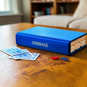 Peut inclure: Un coffret de jeu de cribbage en forme de livre bleu avec le mot CRIBBAGE imprimé en blanc sur la tranche. Le jeu comprend deux cartes à jouer bleues à motifs blancs et deux petits pions en plastique rouge et bleu posés sur la surface.