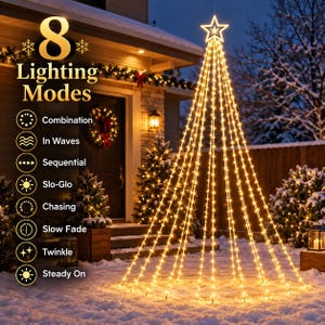 May include: A cone-shaped outdoor Christmas tree light display featuring warm white LED strands and a star topper. Text on the left lists 8 Lighting Modes: Combination, In Waves, Sequential, Slo-Glo, Chasing, Slow Fade, Twinkle, and Steady On.